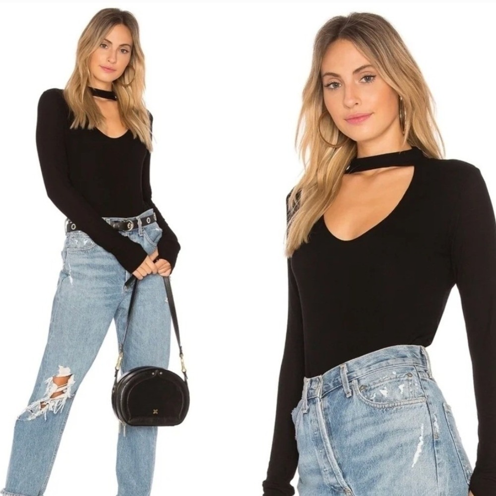 Michael Lauren Laurence Mock Neck Cutout Top Black Long Sleeve Ribbed XS RARE